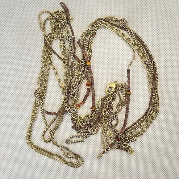 Multi Strand Necklace Gold Tone Beaded 31 Inch Length Boho Style - Picture 3 of 3